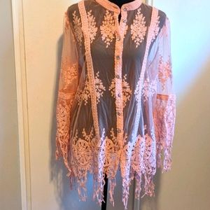 Mesh/w Lace button up pink top
